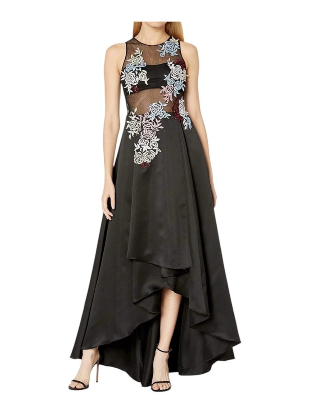 Betsy & Adam Embroidered Floral Hi Low Illusion Black Gown Dress 2 Prom Formal